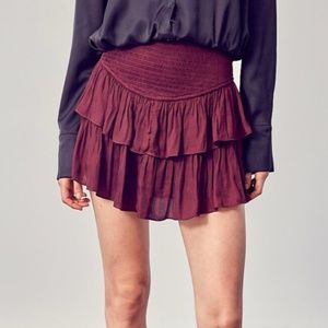 MAROON high rise smocked ruffle tier mini short skirt